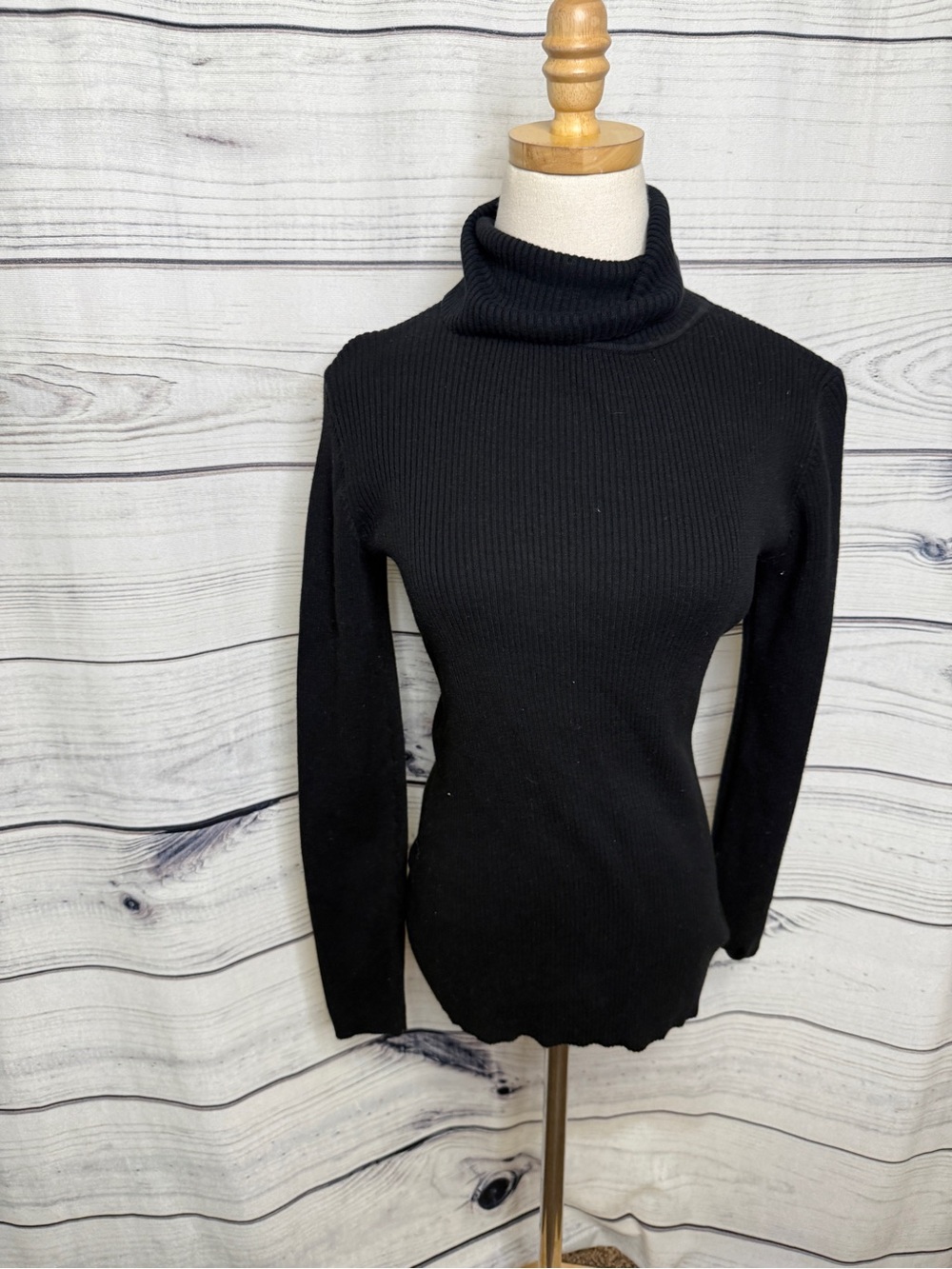 Relativity Black Ribbed Fold-Over Turtleneck Sweater